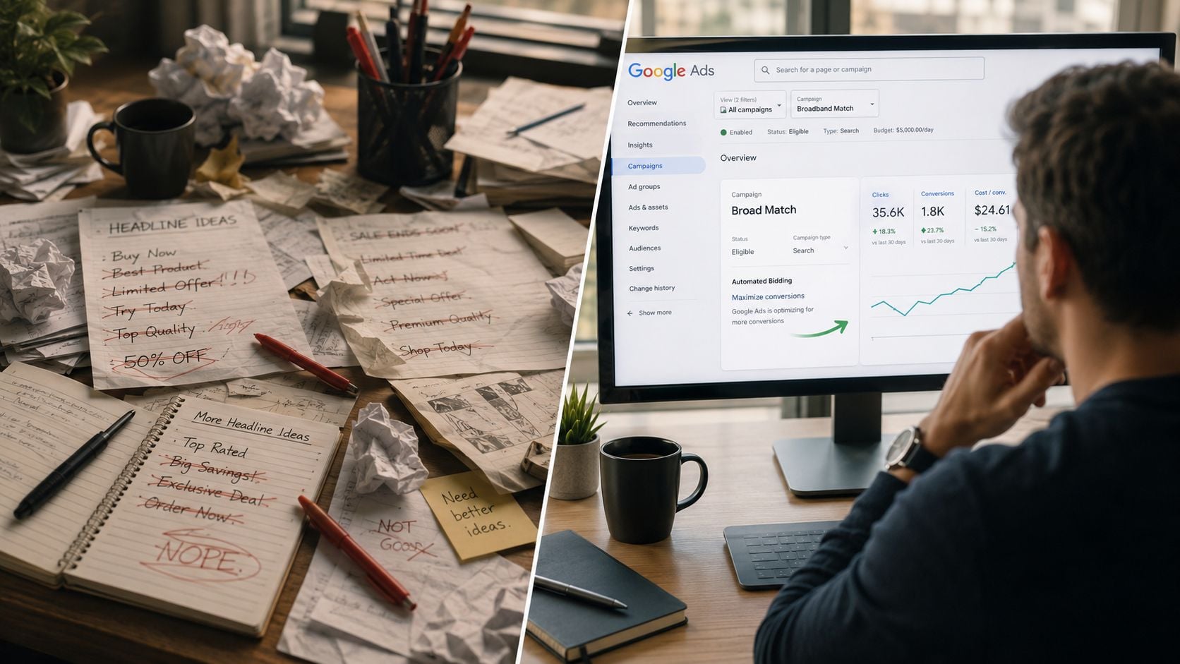 A split-screen showing brainstorming ad headlines on paper versus viewing Google Ads analytics on a computer screen.