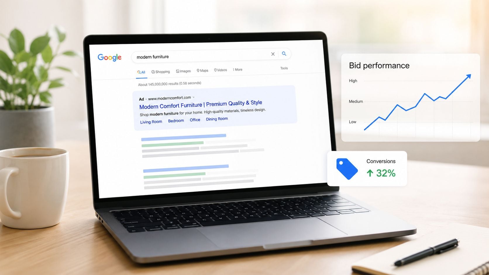 A modern laptop on a desk showing Google search results for furniture and business performance analytics.