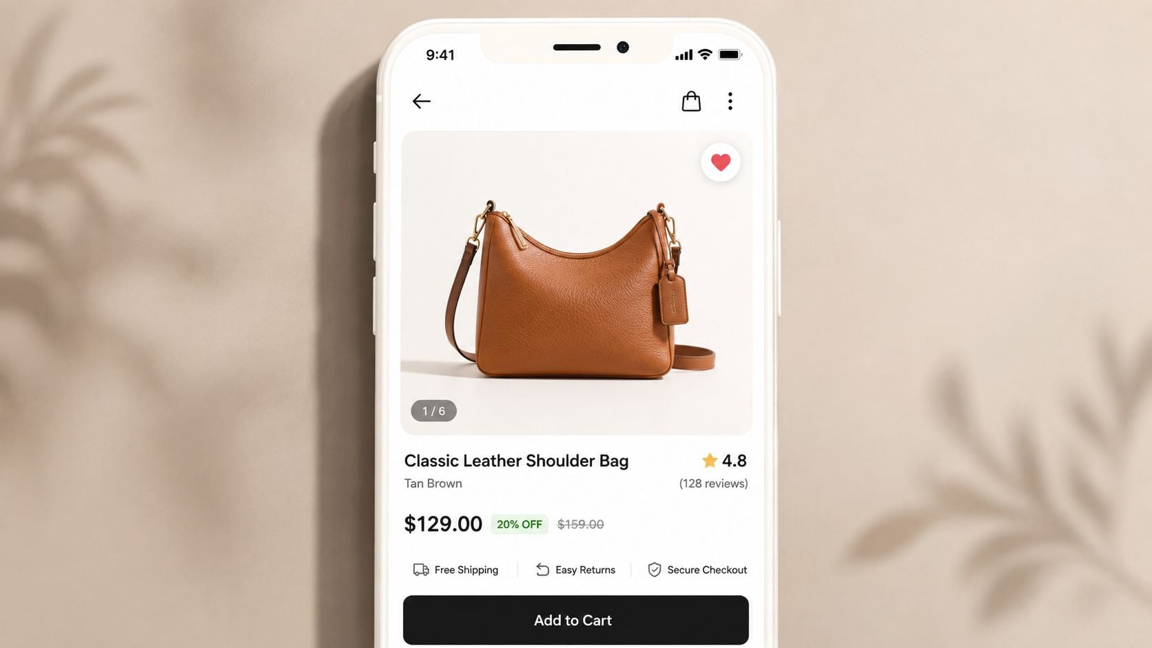 A smartphone screen displaying a product page for a tan leather shoulder bag with pricing details.