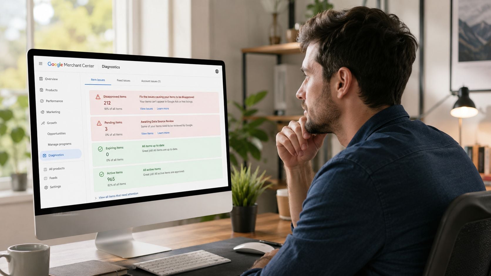 A person looking at a computer screen showing the Google Merchant Center diagnostics dashboard for online products.