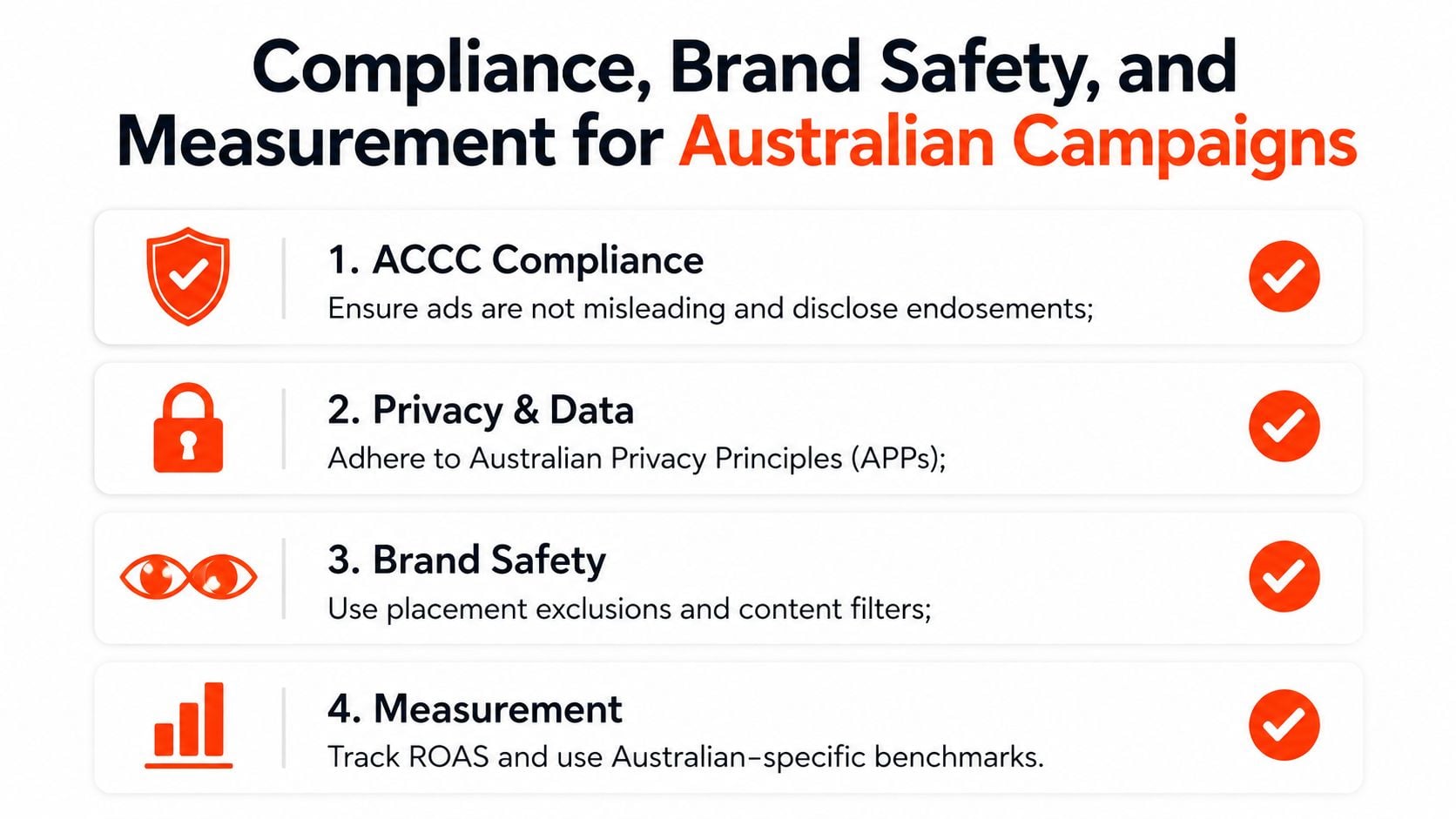 A list of four key pillars for Australian advertising compliance, brand safety, and campaign measurement best practices.