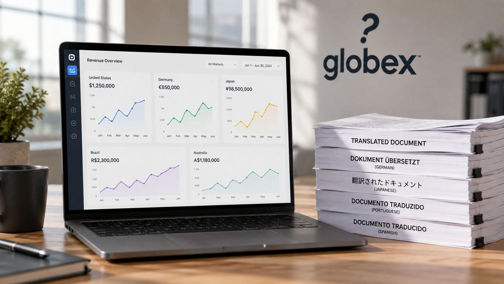 A laptop displaying financial performance graphs next to a stack of multilingual translated business documents.
