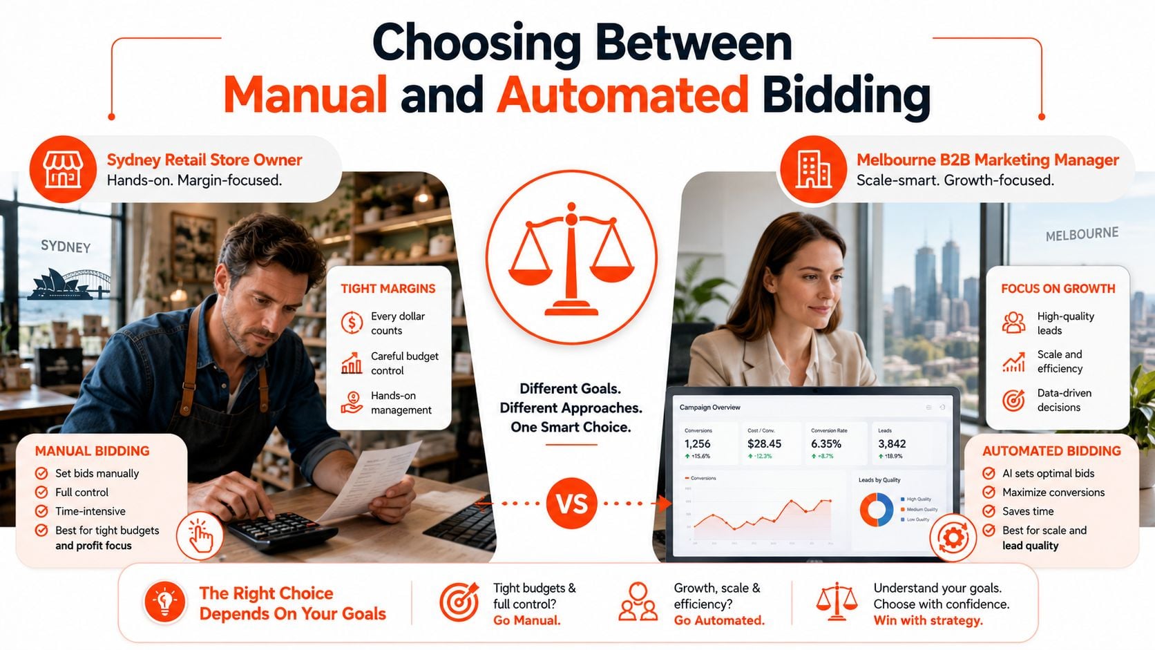 A comparison infographic between manual and automated bidding strategies for business owners and marketing managers.