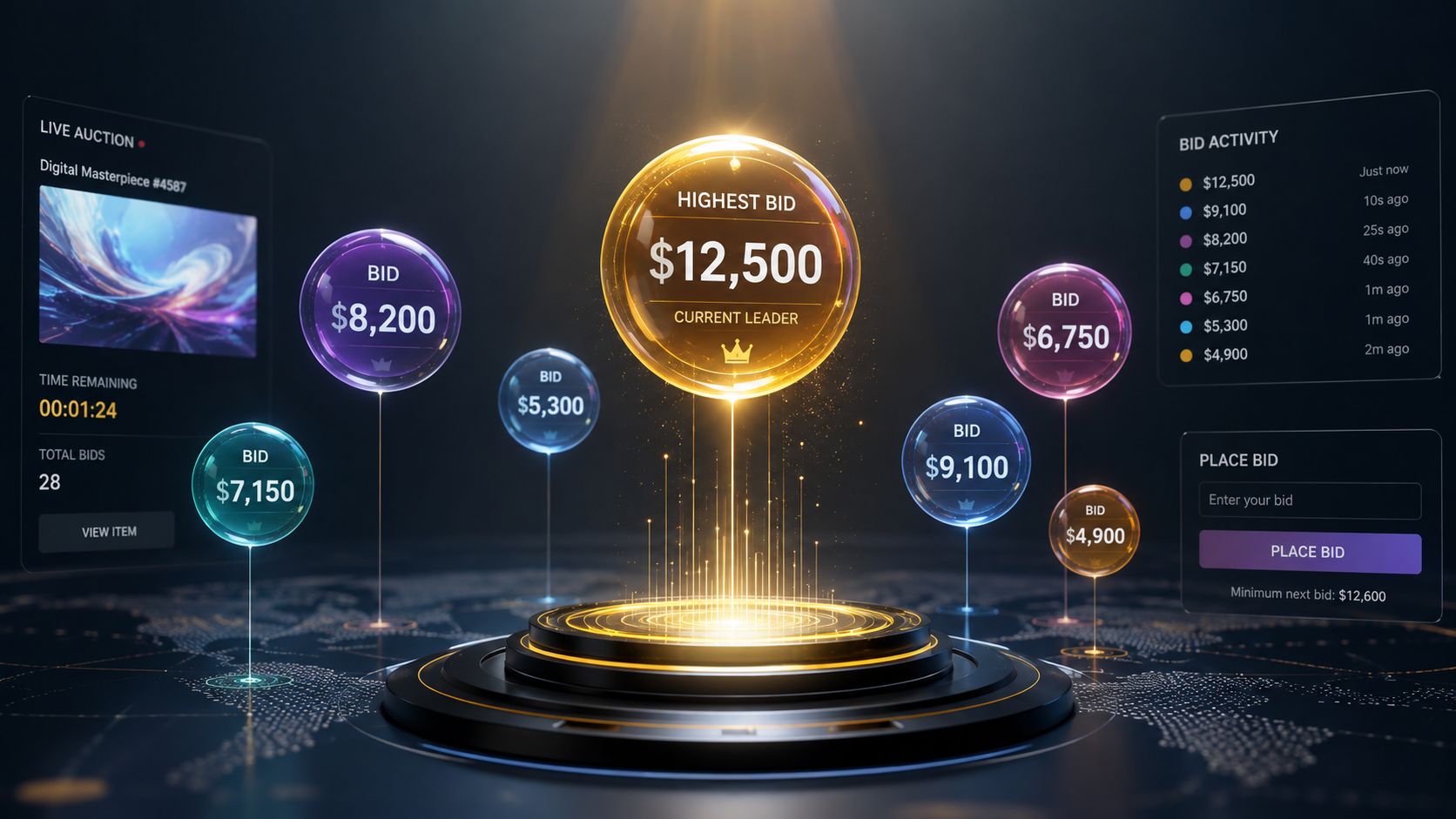 A digital auction interface showing floating bubbles with bid amounts and a golden leader bubble.