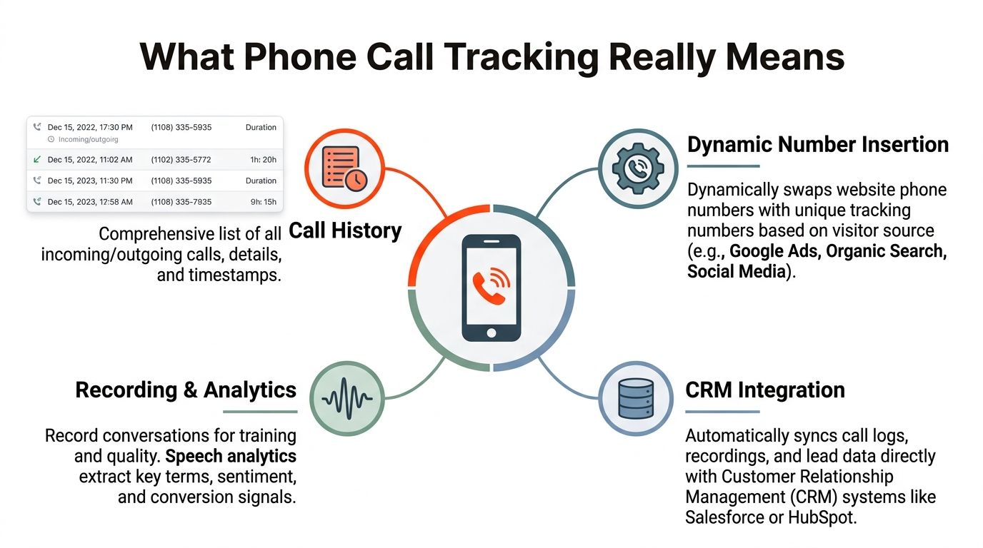 An infographic illustrating the four core components of phone call tracking including call history, dynamic number insertion, analytics, and CRM integration.
