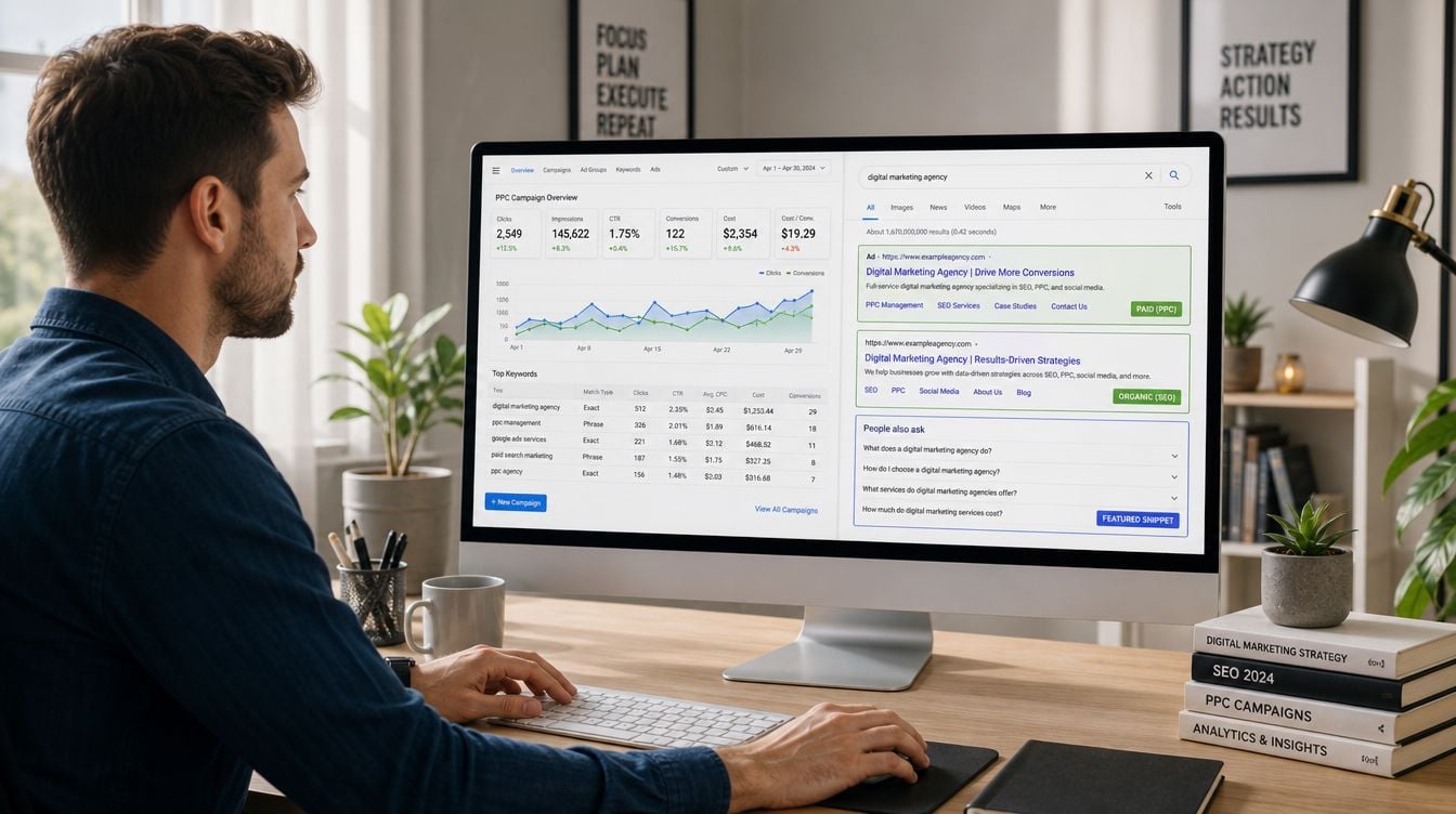 A professional analyzing digital marketing campaign data on a desktop computer screen in a modern office space.