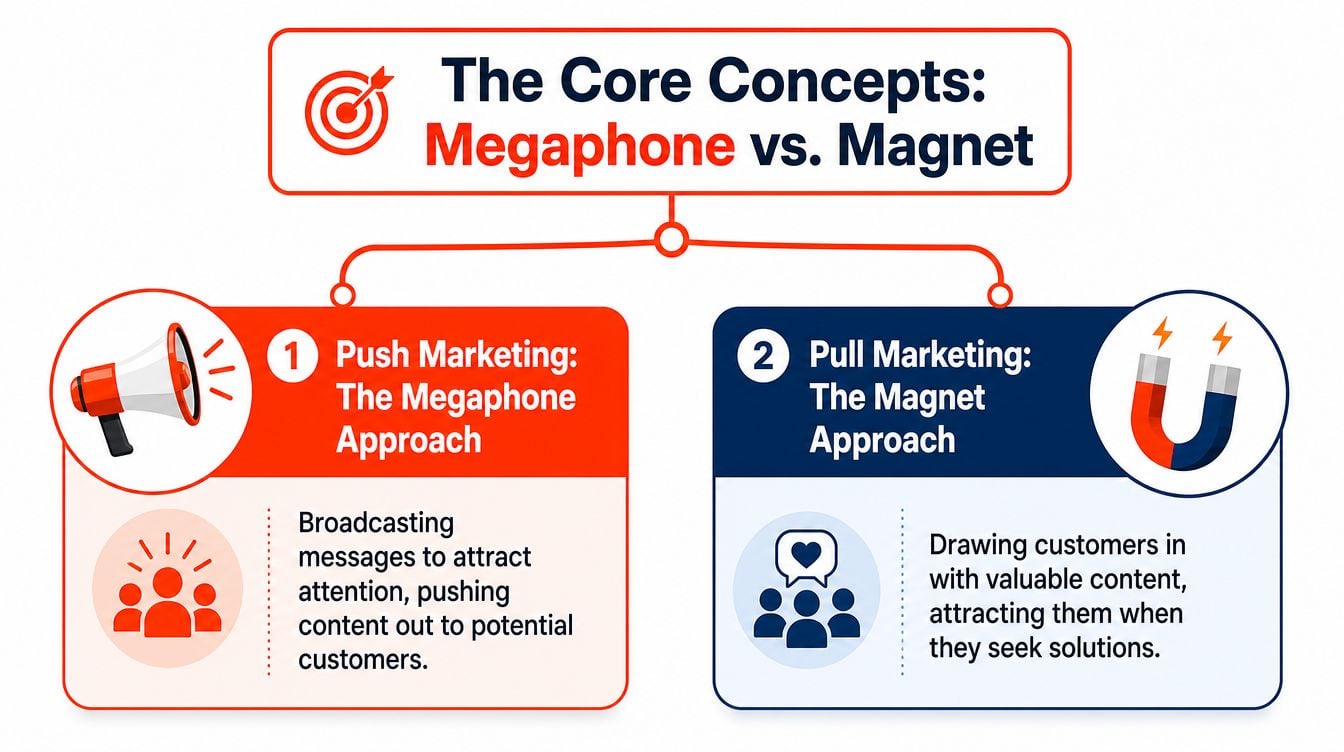 A diagram comparing push marketing with a megaphone versus pull marketing with a magnet approach.