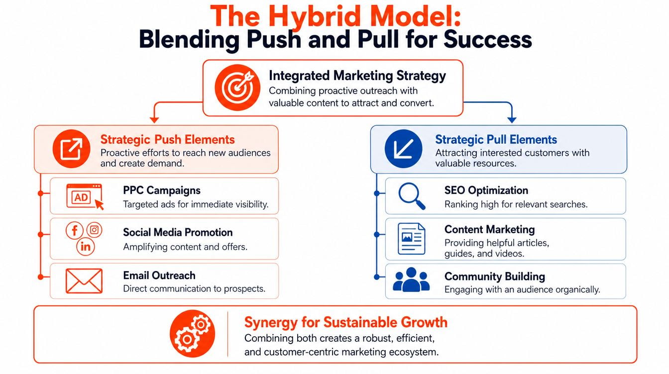 A diagram illustrating a hybrid marketing strategy combining push and pull tactics for sustainable business growth.