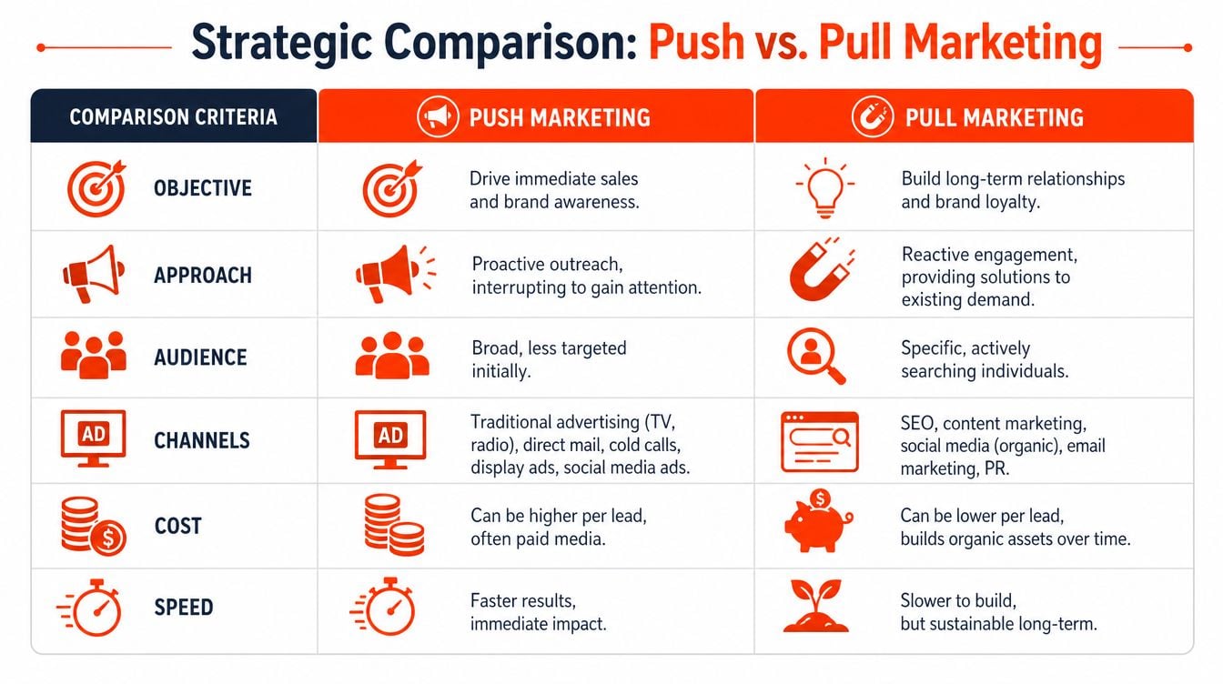 A comparison chart outlining key differences between push marketing and pull marketing strategies across six distinct categories.