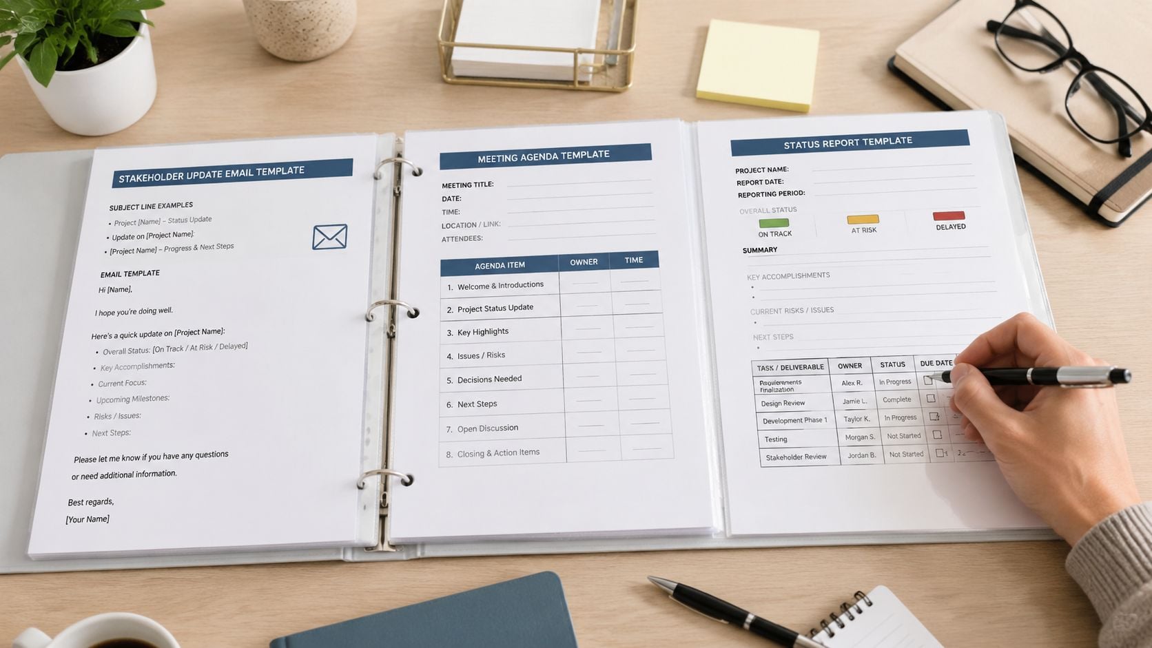 A person writing on a project management binder containing stakeholder update, meeting agenda, and status report templates.