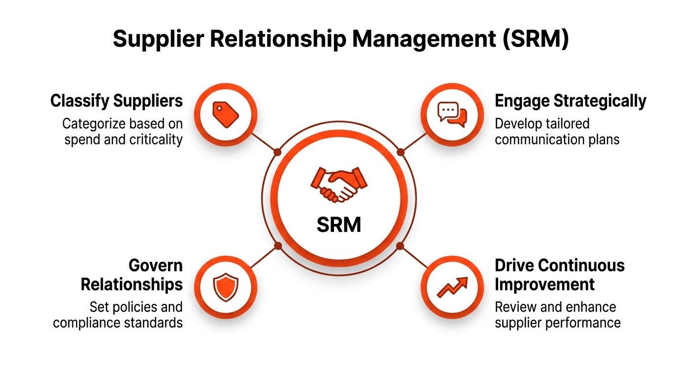 A diagram illustrating the four key components of Supplier Relationship Management: classify, engage, govern, and improve.
